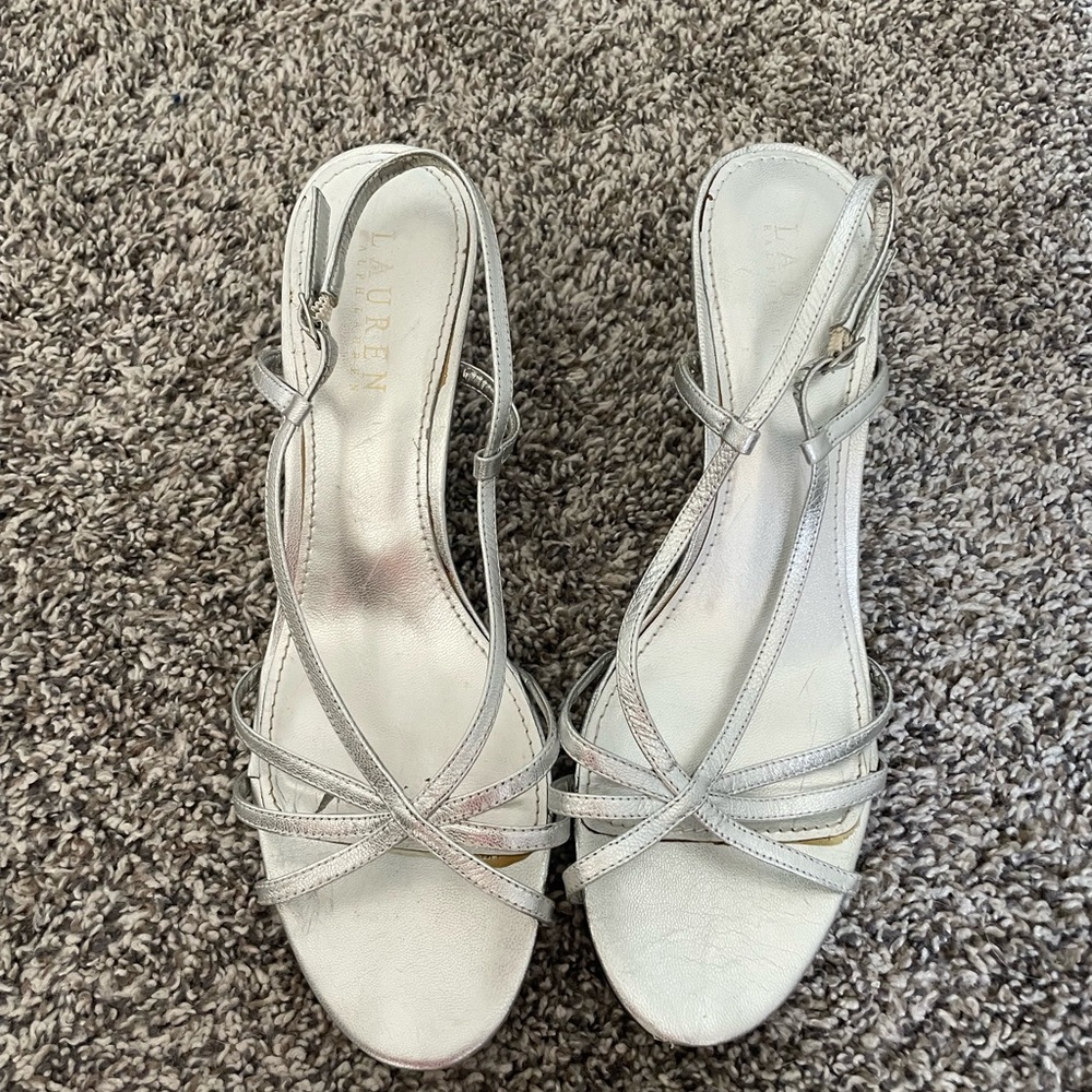 Ralph Lauren Strappy Silver Kitten Heels Sandals Size 8